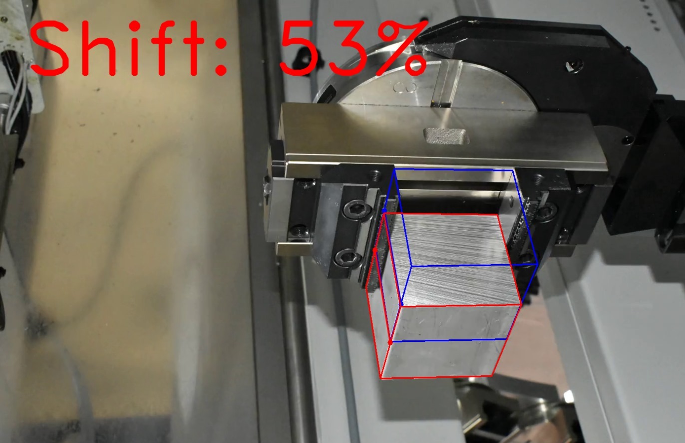 Metal block in a CNC gripper with a computer-vision overlay showing a leftward shift from the estimated centered position