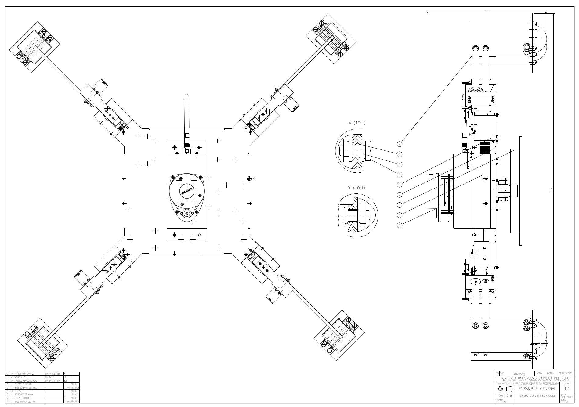 Overall mechanical drawing of the spider robot, showing the complete assembly